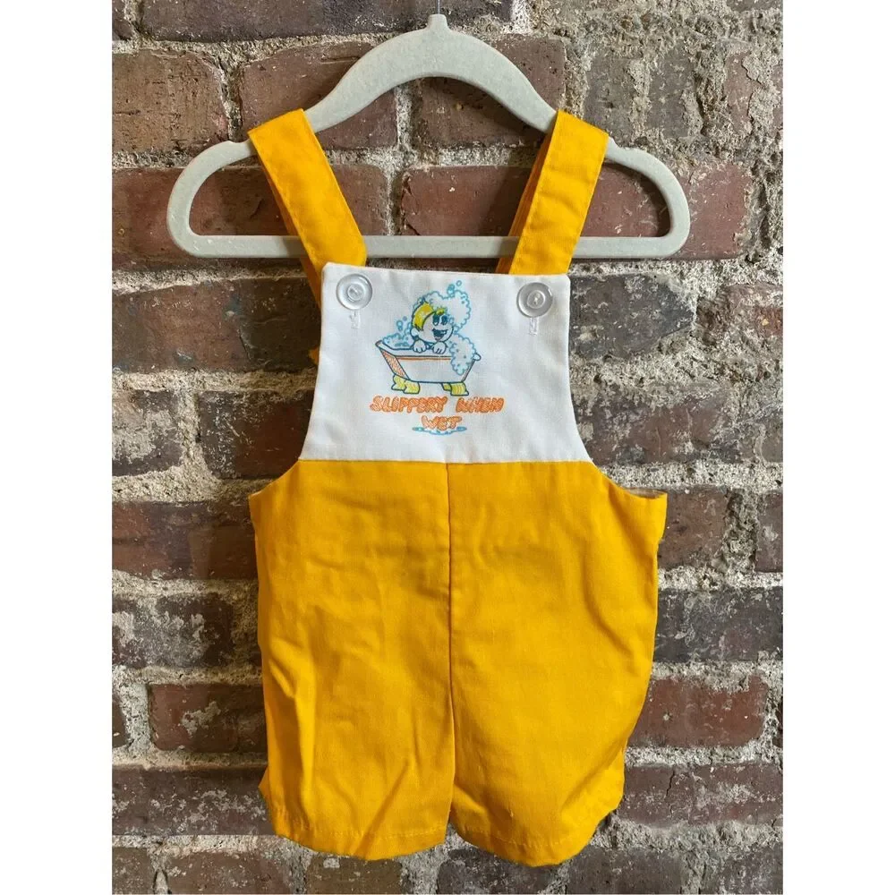 Vintage 70s “Slippery When Wet” Yellow/White Overall Romper Baby/Toddler Size 18
